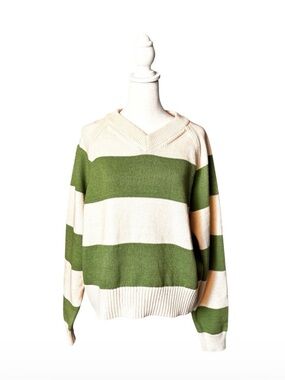 A new day Striped Sweater in Green & Cream Size XL NWT 54%Cotton 46% Nylon
